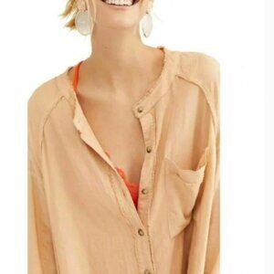 FREE People Linen Blend Soft Beige Pink Top Hi Low Button
